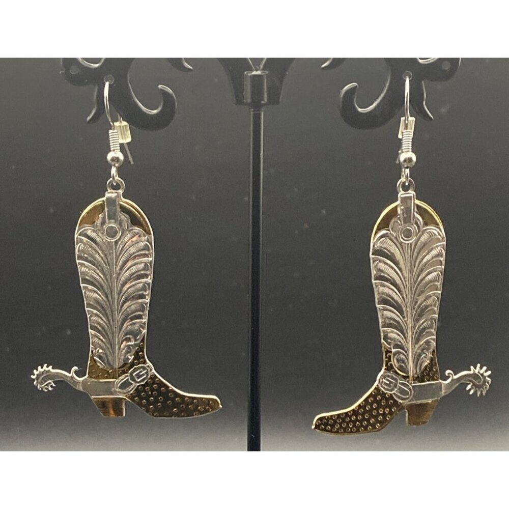 Western Earrings Cowboy Boots Spurs  Diamond Cut Ornate Gold Silver Dangle Drop - Picture 2 of 9